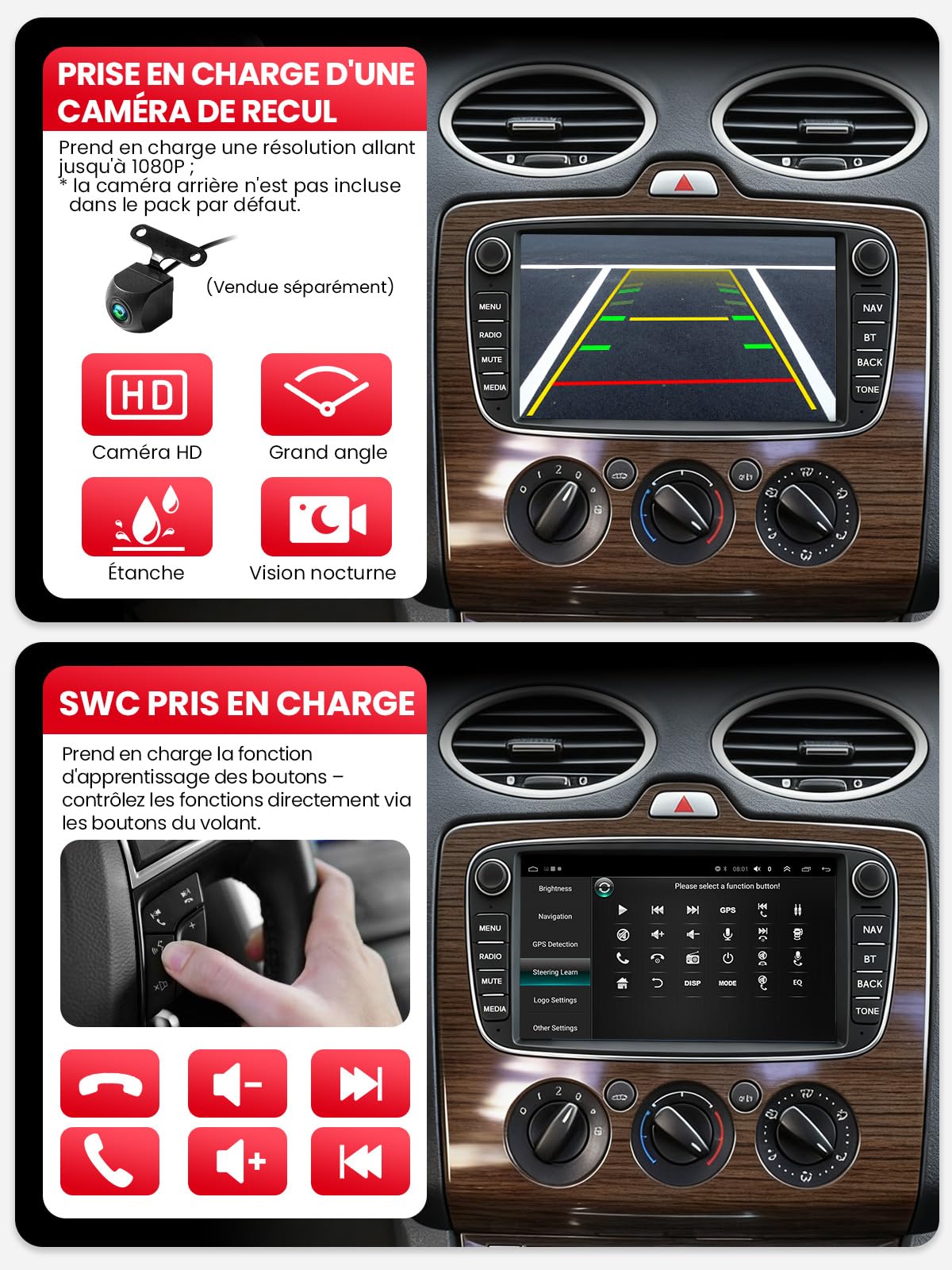 Autoradio Double DIN avec Écran pour Ford Mondeo Focus S-Max Galaxy, CarPlay & Android Auto sans Fil, Écran Tactile Auto 7", 4 Go+64 Go, Bluetooth WiFi 5 GHz Dab+ FM AUX GPS