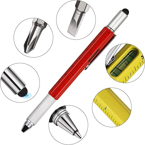 Miniatura 3 de DUNBONG Bolígrafo de metal multiherramienta 6 en 1, con destornillador, bolígrafo de tinta negra, lápiz capacitivo, nivel y regla, 1 unidad (rojo)