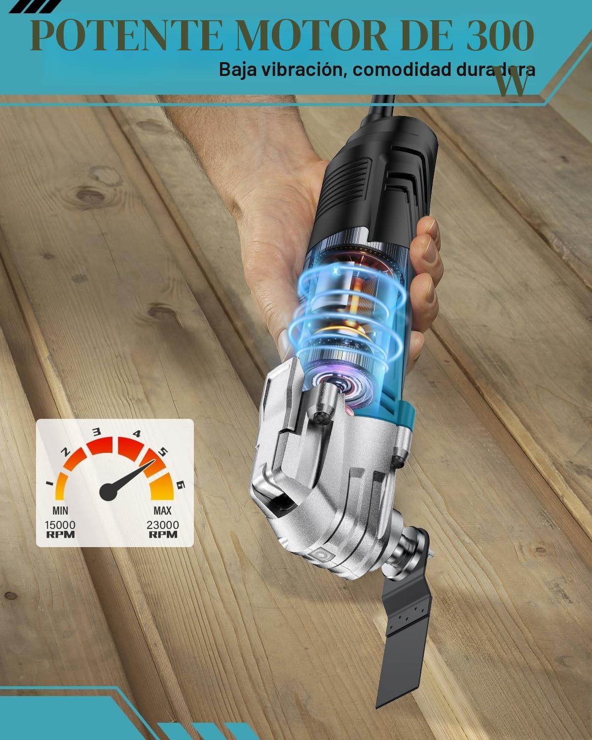 Multiherramienta Oscilante con 23 Accesorios, 300W Herramienta Multifunción con 10000-22000 RPM 6 Velocidades Variables,Ángulo de Oscilación 3⁰ Sierra Oscilante Multitool para Cortar, Tallar, Pulir