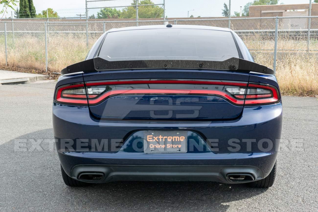 Replacement for 2015-Present Dodge Charger | SRT8 Hellcat Extended Style Rear Trunk Lip Wing with Wickerbill Spoiler (ABS Plastic - Primer Black)