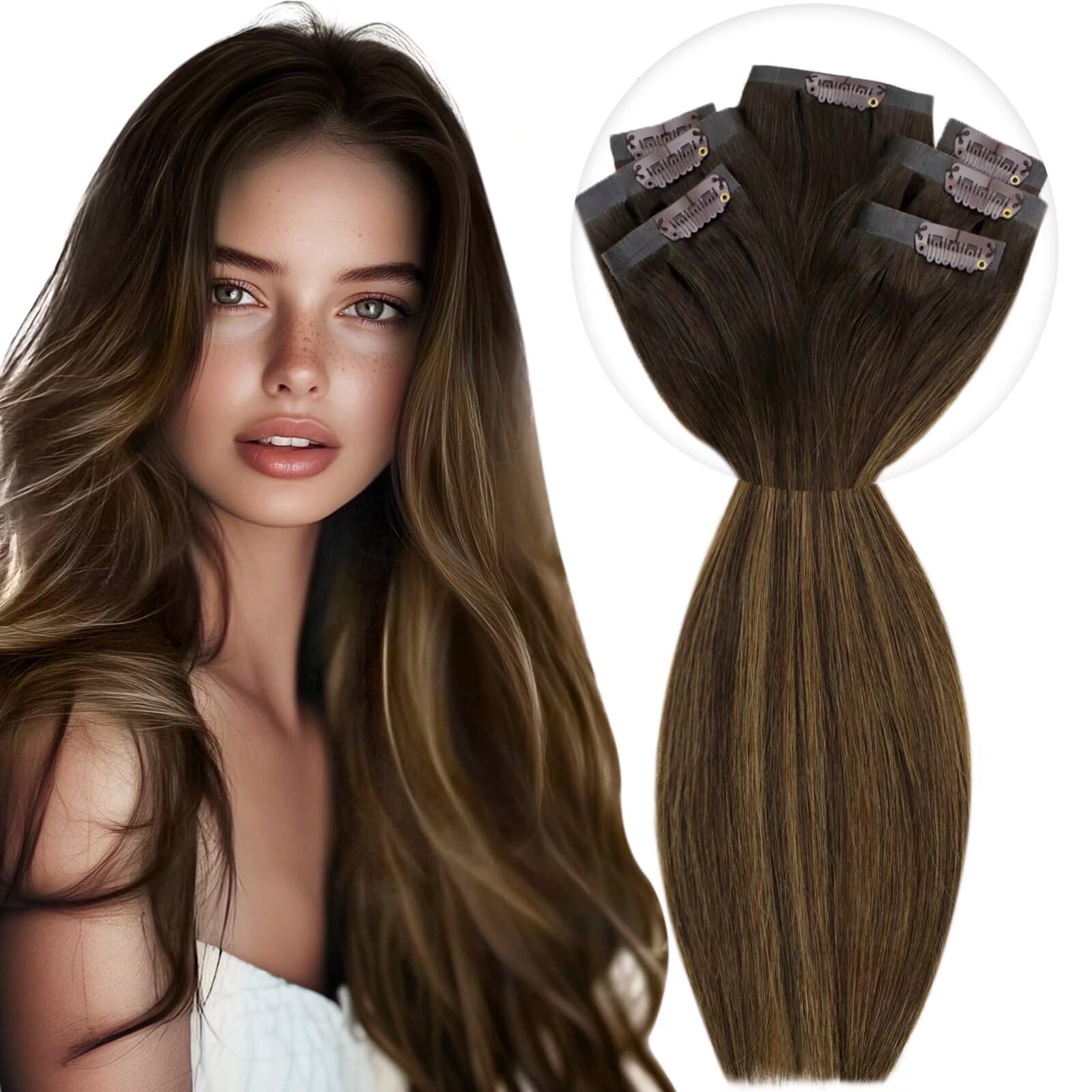 Vivien Brown Clip in Hair Extensions Darkest Brown to Light Brown Balayage Hair Extensions for Women Clip in Hair Extensions Human Hair 22 Inch 120g 7pcs #2/8/2 — view 36