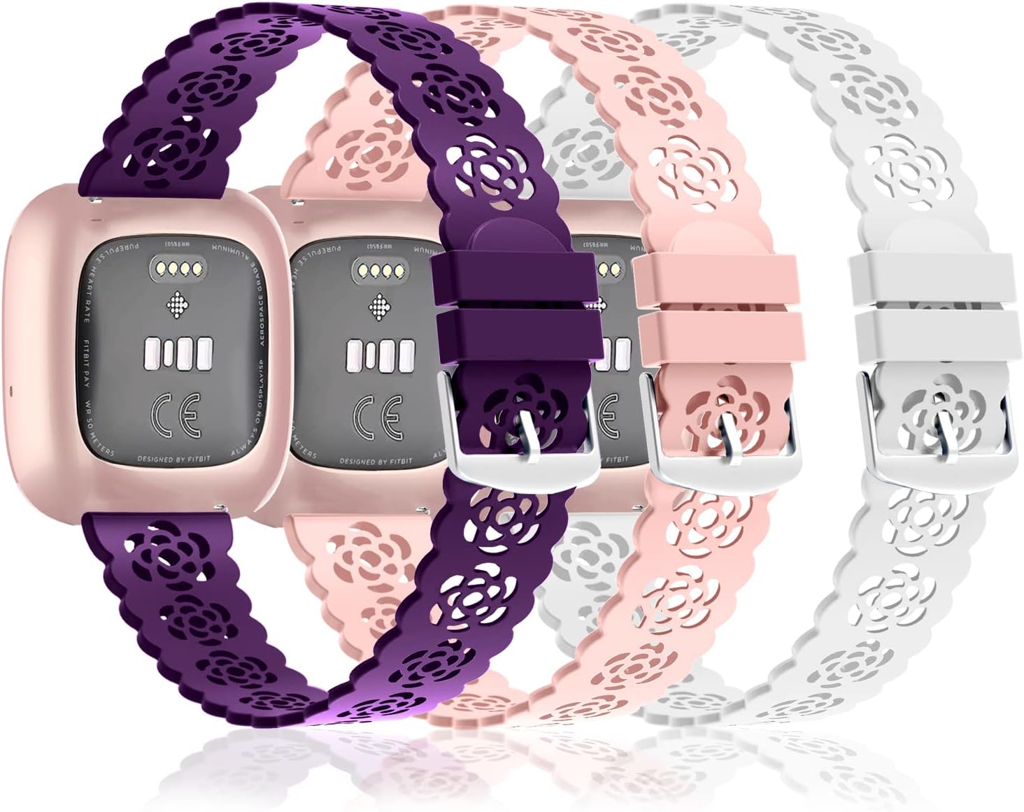 3 Pack 22mm Lace Hollowed-Out Silicone Replacement Wristbands Compatible for Fitbit Versa/Fitbit Versa 2/Fitbit Versa Lite,Slim Bands Soft Smartwatch Sport Strap for Women