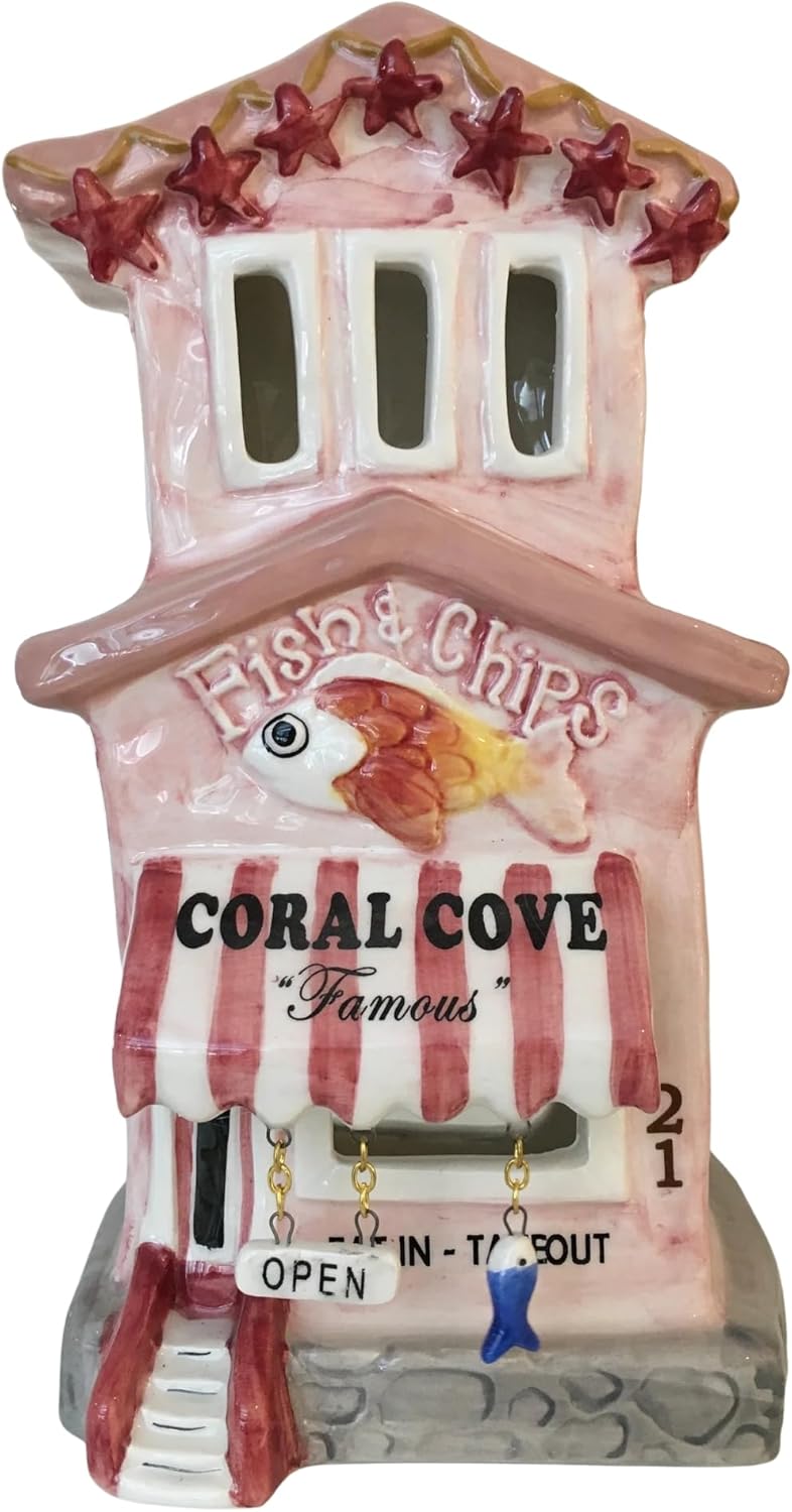 Blue Sky Clayworks Coral Cove Fish & Chips Candle House, Ceramic, 5" L x 4" W x 9" H, Seaside Storefront Glow