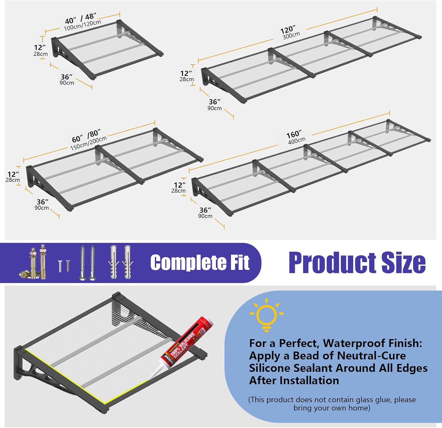 35 * 80'' Window and Door Awning Exterior, UV/Rain/Snow/Sunlight Protection Sheet,UPF 50+ Polycarbonate Overhang Canopy,House Overdoor Awnings for Door Entrance Outside/Patio/Porch/Deck