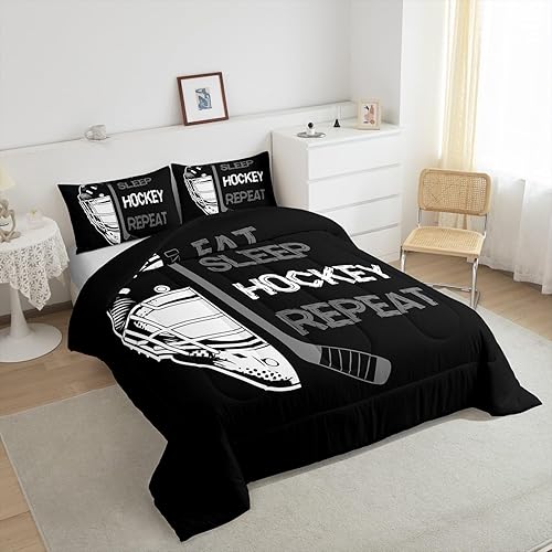 Miniatura 5 de Erosebridal Edredón de hockey tamaño individual para niños y adolescentes, ropa de cama de hockey negro y gris para comer, decoración de dormitorio,