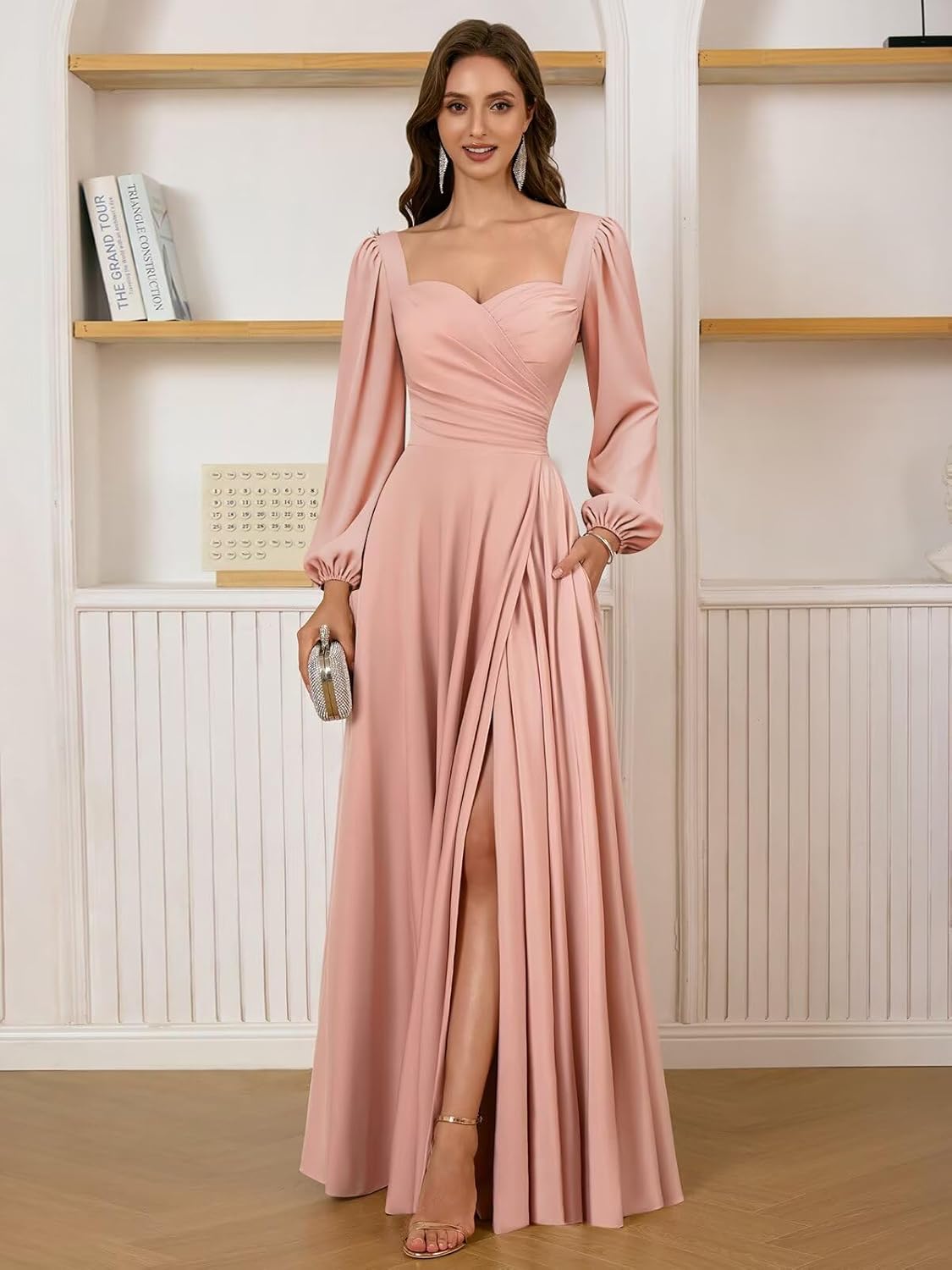 Long Sleeve Bridesmaid Dresses for Women Satin Pleated Formal Dress A Line Evening Party Gown with Slit - Image 3