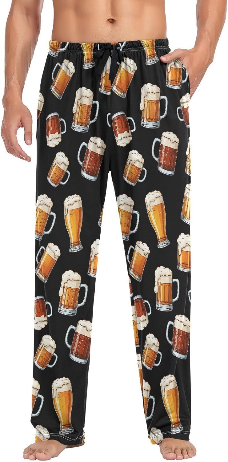 Mens Pajama Pants Beer Mugs Print Soft Lounge Sleep Pant with Pockets Sleepwear PJ Bottoms for Men