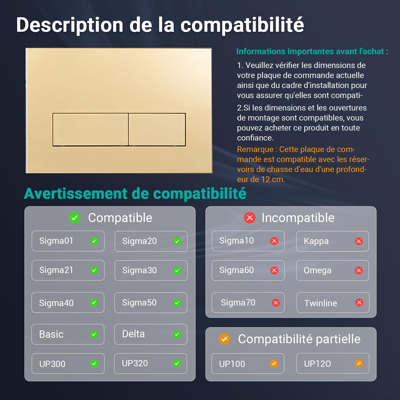 Empyreal Plaque de commande pour réservoirs de WC, compatible avec Geberit Duofix Sigma/Delta/BASIC, pour double chasse d'eau, avec 1 Trappe de visite(Or Mat)