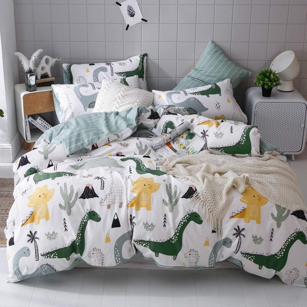 MICBRIDAL Ultra-Soft Cartoon Cotton Duvet Cover Queen, White Blue Dinosaur Tree Cactus Animals Duvet Cover with 2 Pillow Shams, Breathable Boys Girls Kids Dinosaur Comforter with Zipper 4 Ties