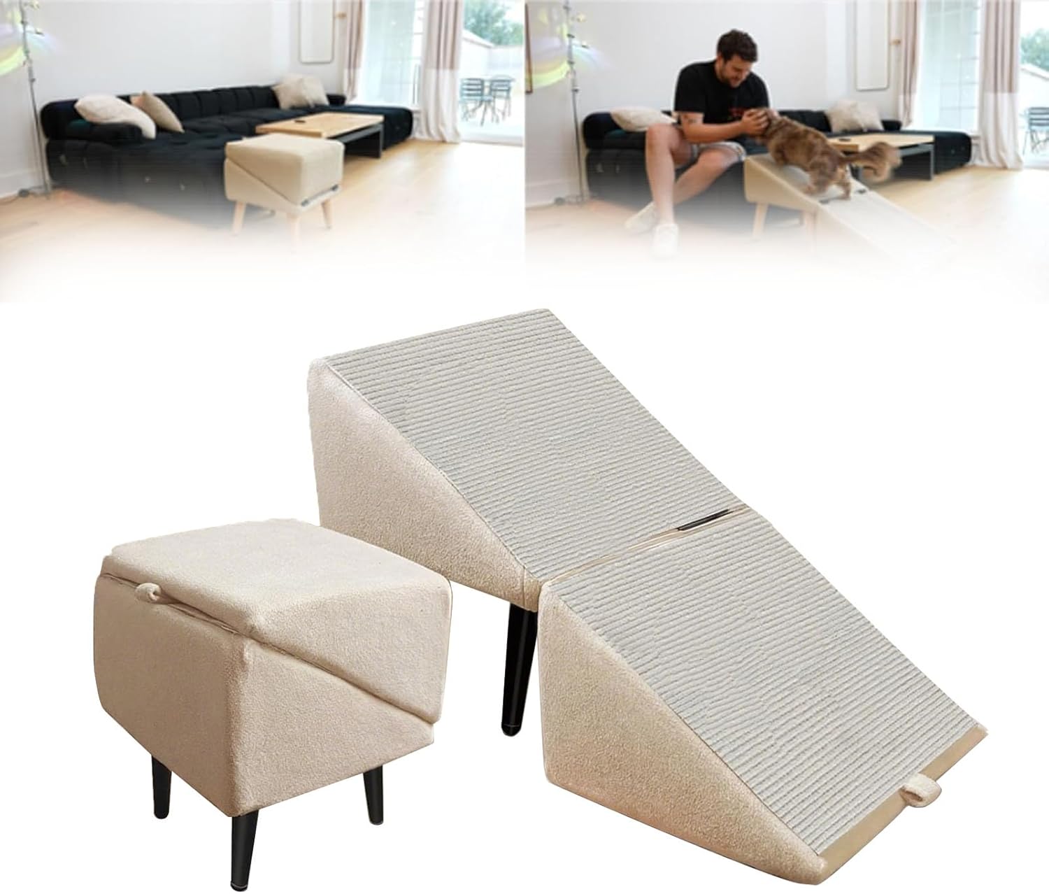 Dog Ramp Folding Stairs, 2 in 1 Pet Ramp and Ottoman for Couch and Bed, Lightweight and Foldable for Large and Small Dogs and Cats