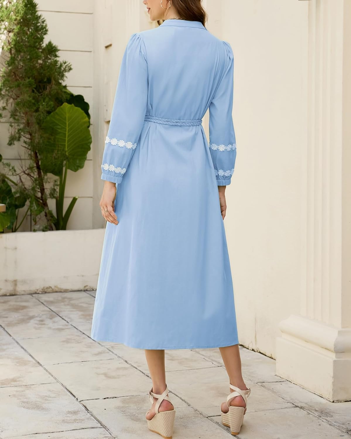 Women Button Down Maxi Dresses V Neck 3/4 Sleeve Lace Trim Kaftan Dress Fall Belted Long Shirt Dresses - Image 2