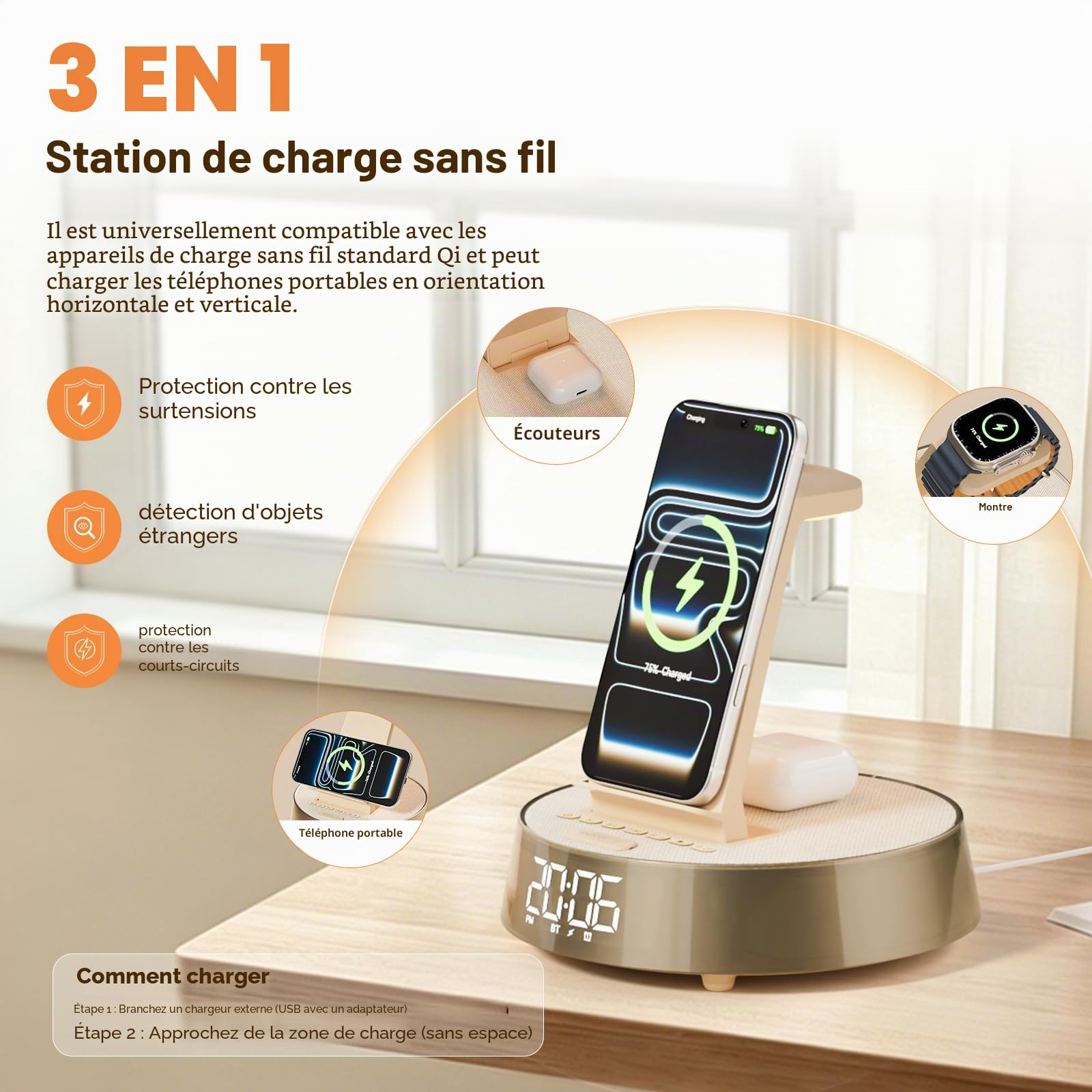 Chargeur Induction pour i Phone avec Radio Reveil Digital, Réveil Matin