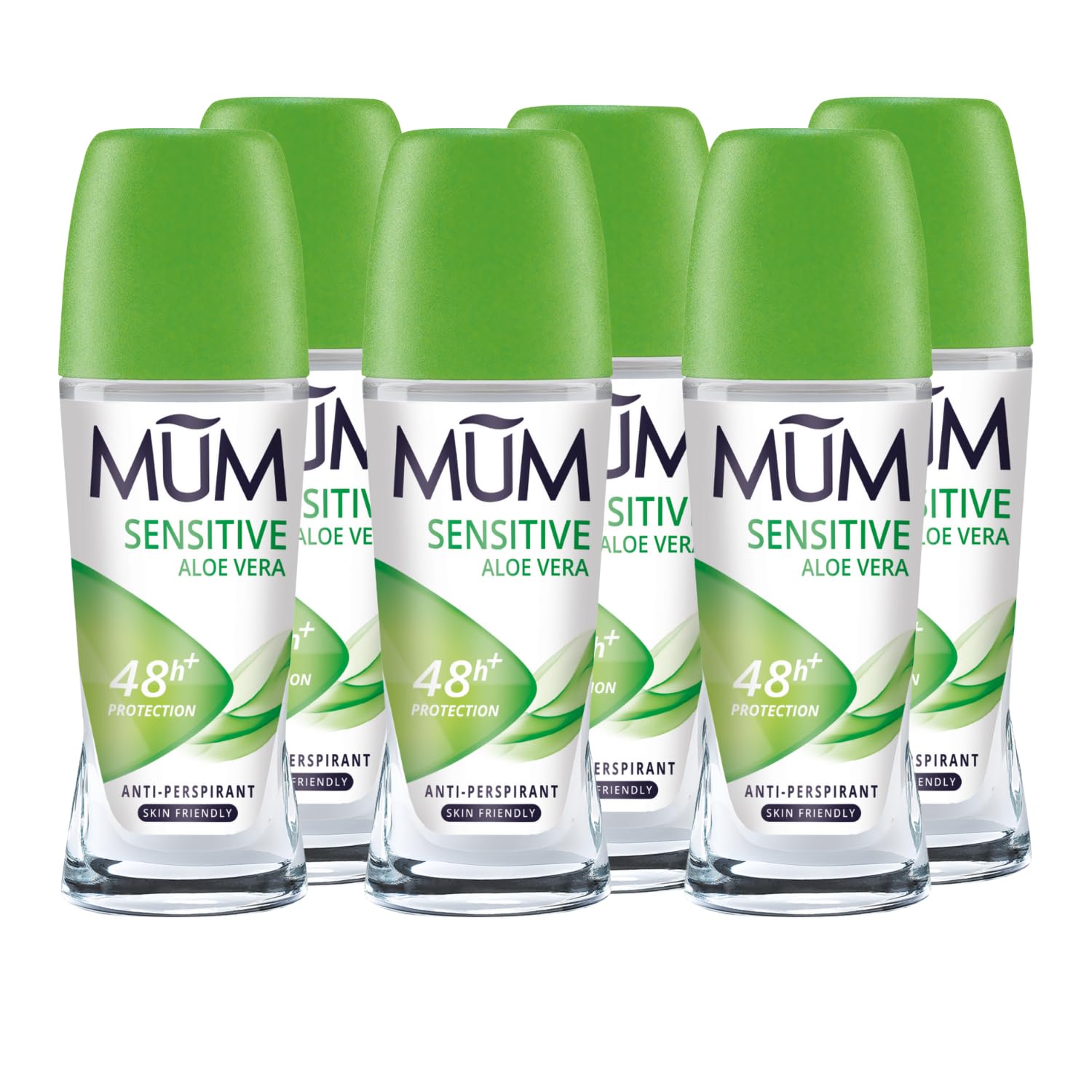 Mum Sensitive Aloe Vera Roll On Deodorant, 48 Hours Plus Protection, Alcohol Free for Sensitive Skin Womens Mens Deodorant, Anti-Perspirant, Vegan, Sustainable Glass Bottle, 50 ml, Pack of 6