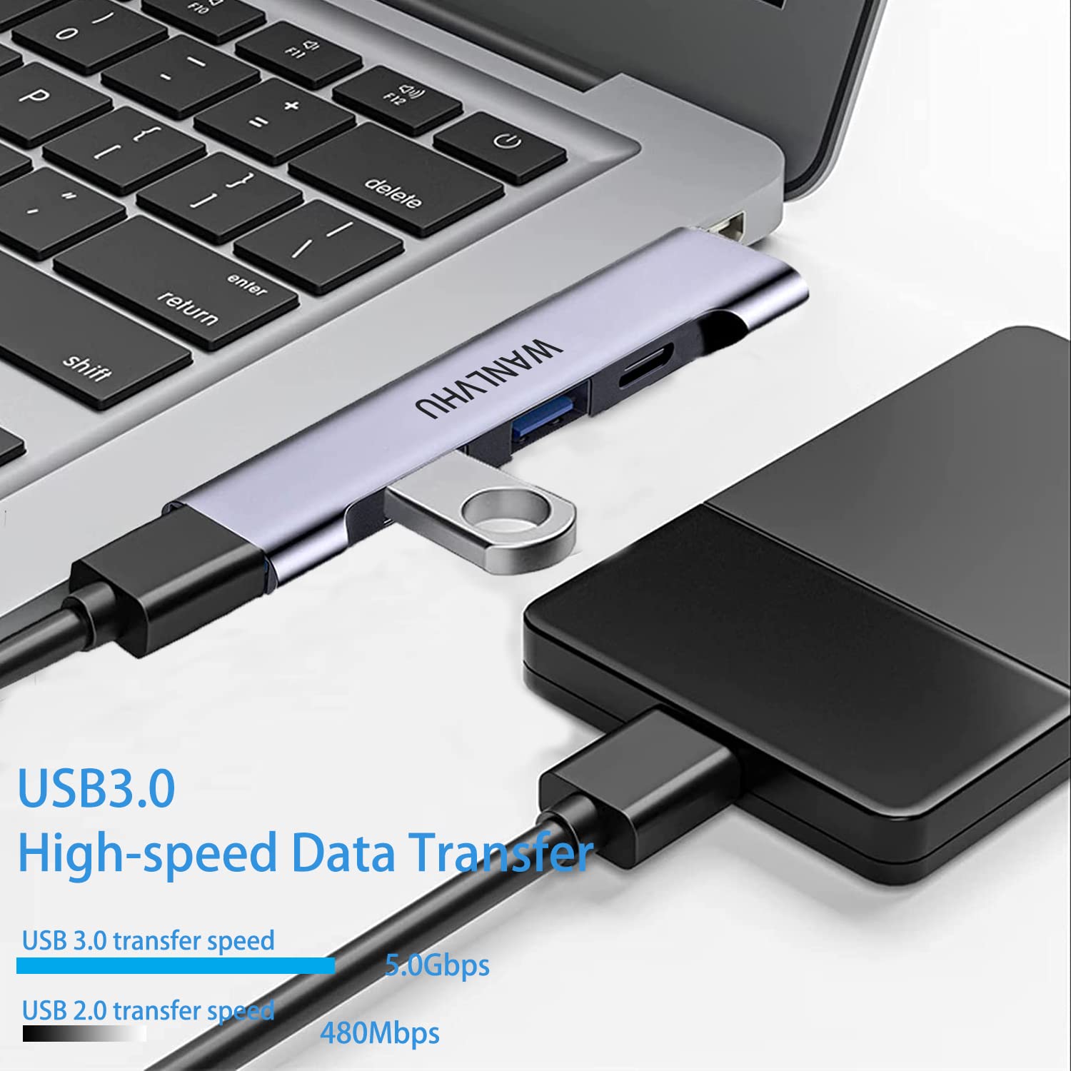 Hub USB C do laptopa, przenośny rozdzielacz USB C, wieloportowy adapter z portem ładowania typu C i portem USB 3.0, do MacBooka Pro/Air, Surface Pro, klawiatury, pendrive'a (Hub USB C z portem