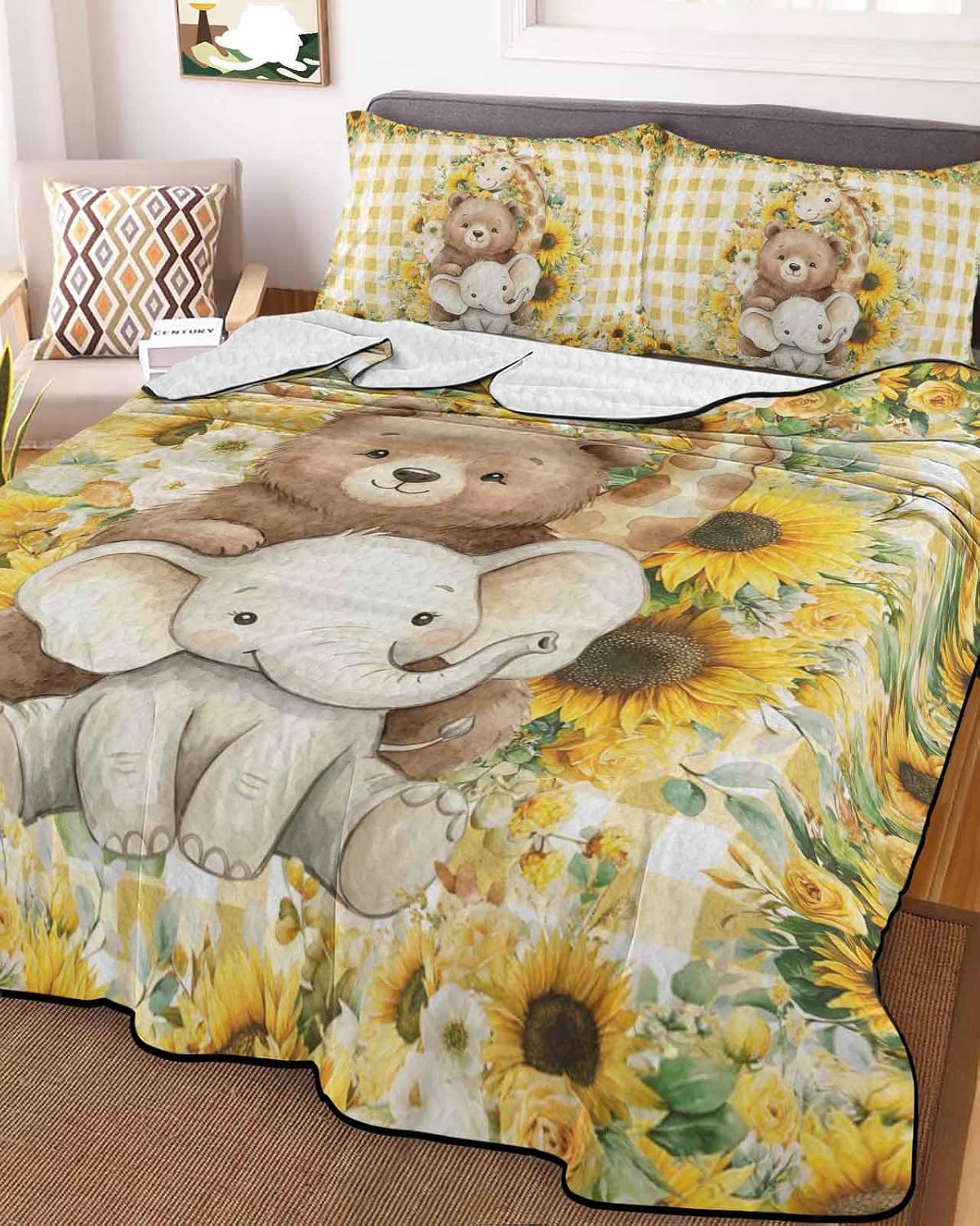 Cute Elephants Bears Giraffes Twin Quilt Bedding Set,Summer Quilt Lightweight Quilted Coverlet with 2 Pillow Shams, Children's Day Sunflowers 3-Piece Bedspread Quilt Set for All Season