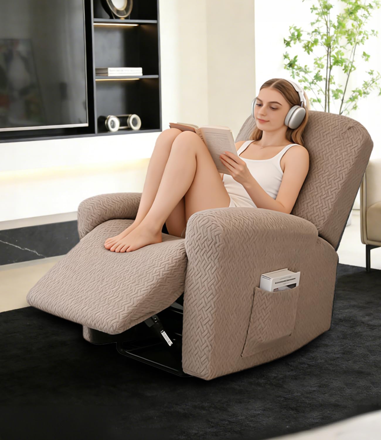 sesselschoner für Relaxsessel 1 Sitzer, 4-Teilig Jacquard Khaki Sesselschoner für Fernsehsessel und Relaxsessel mit Taschen, Stretch Sesselbezug mit armlehne