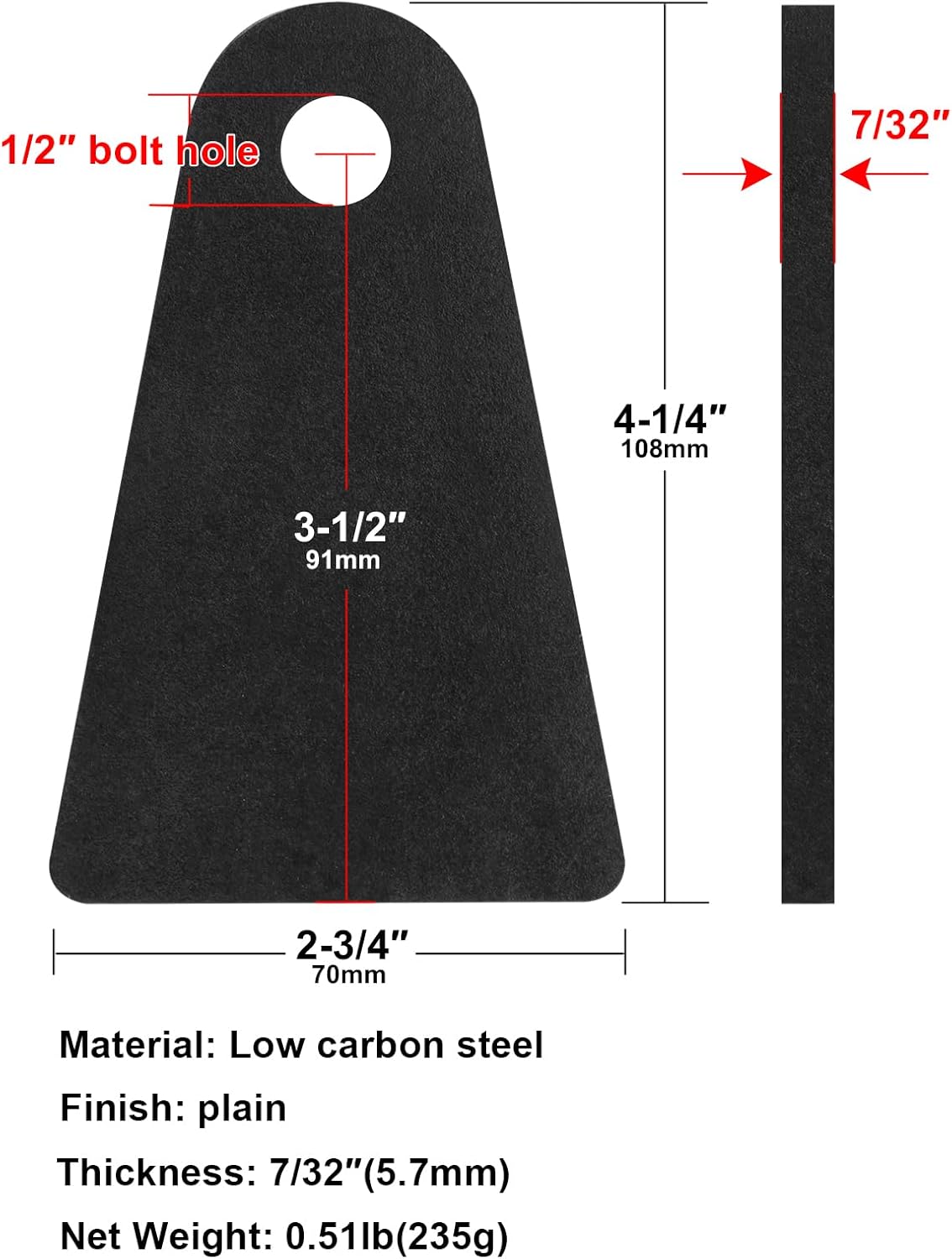 6 Pack Universal Weld-On Tabs, Shock Mount Tabs, 4-1/4" Height, 7/32" Thick, 1/2" Hole