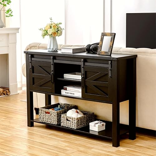 Miniatura 4 de GAZHOME Mesa de entrada con puertas correderas de granero, mesa consola de granja de 46 pulgadas con almacenamiento, mesa de sofá rústica con