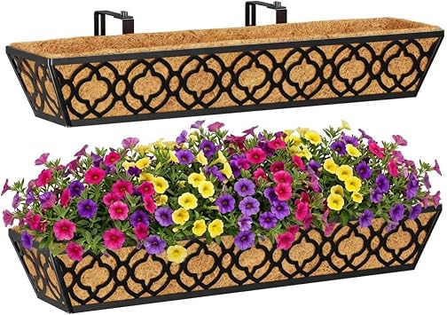Y&M 30 Large Window Box Railing Planter with Coco Liner, Outdoor Window Flower Boxes Over The Railing Planter Boxes Deck Fence Porch Patio Planter-2 Pack