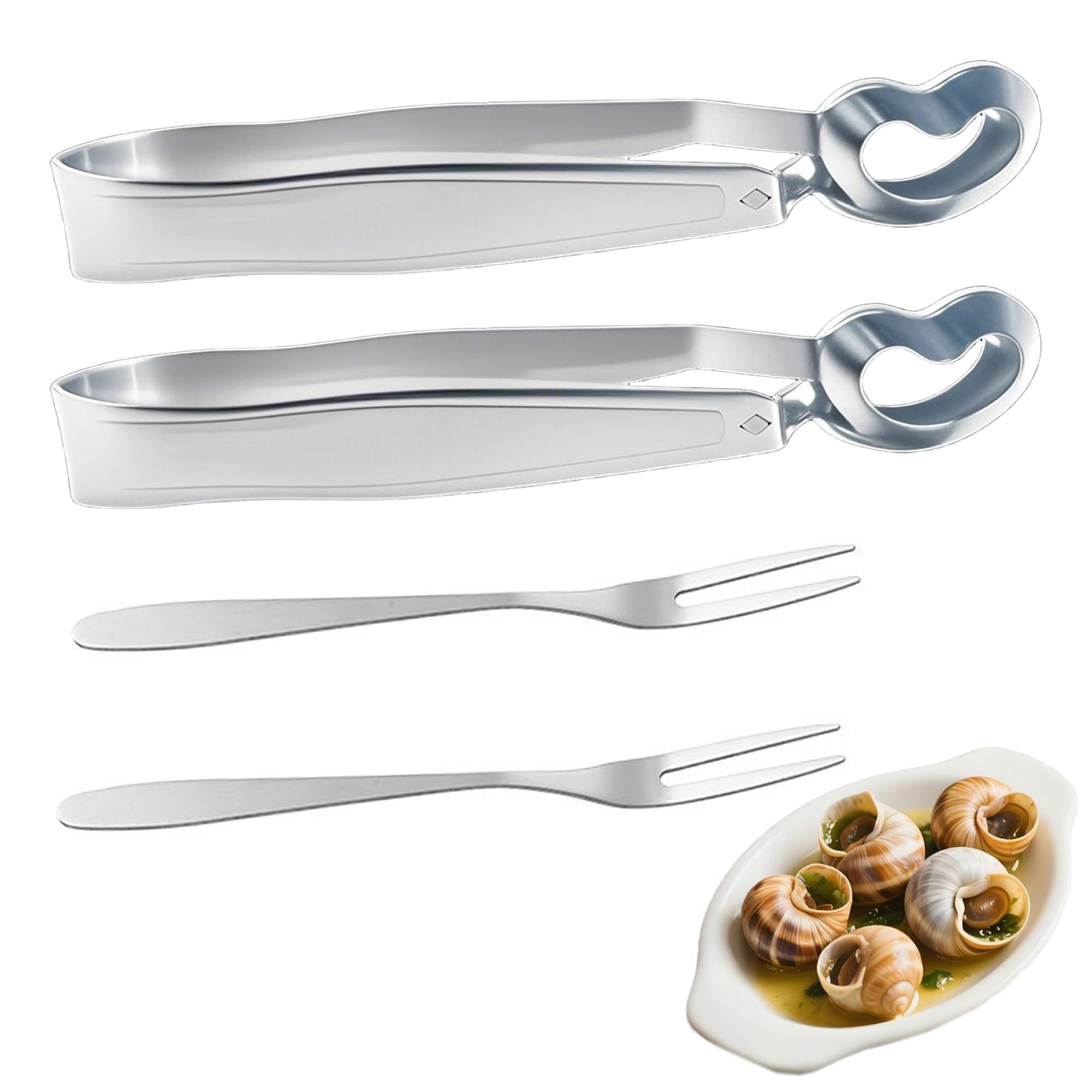 2 pinze per lumache a buffet, pinze da cucina in acciaio inox + 2 pezzi di lumache in acciaio inox forchetta da frutta per snails, ciotole crostacei, posate utensili da cucina (argento)