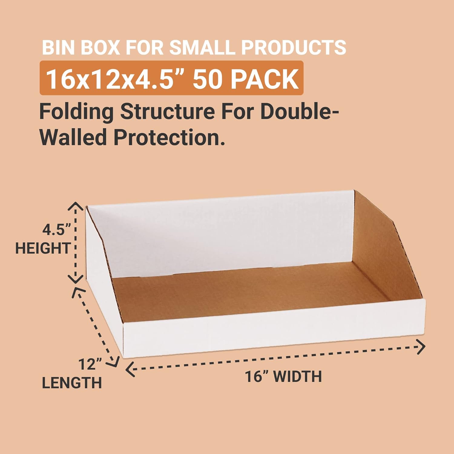 AVIDITI Corrugated Cardboard Storage Bins Holder 16" x 12" x 4.5" (50 Pack), Open Top Durable and Ideal for Organizing Parts Bin Work Areas Packing Moving and Storage - White, 50 Pack