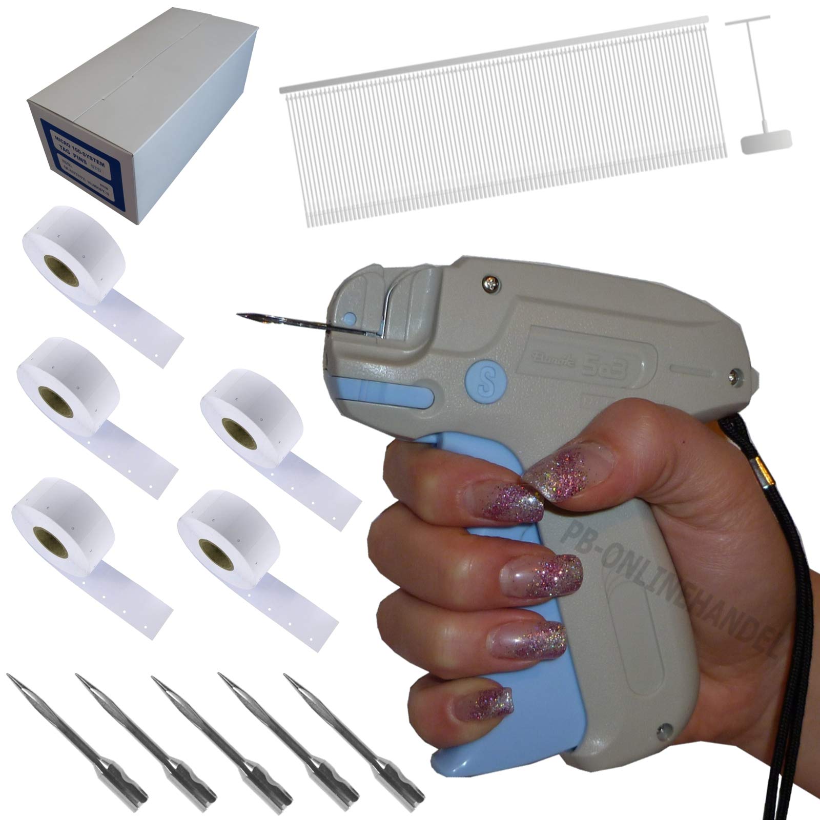 Etikettierpistole Banok 503S Standard [Set 7] + 10.000 Micro-Heftfäden + 5.000 Kartonetiketten auf Rolle 30x40mm + 5 Ersatznadeln Etikettiergerät Tag Gun