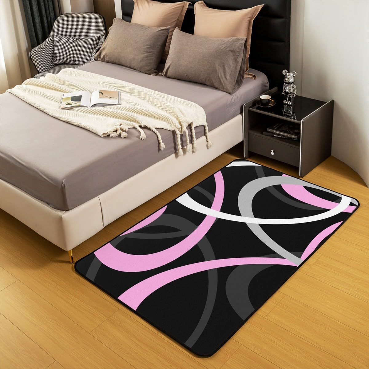 Feelyou Pink White Black Geometric Area Rug 5x7 Retro Circle Swirls Living Room Rugs Boys Girls Circle Stripes Geometric Decorative Carpet Geometric Abstract Art Indoor Floor Mat