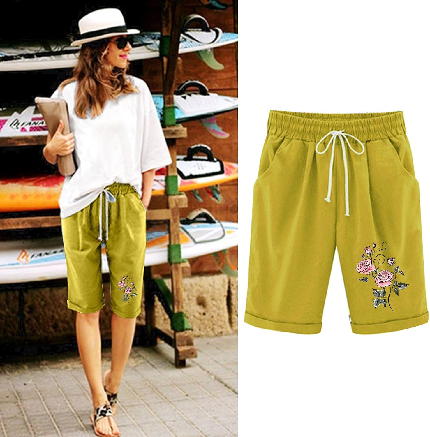Bermuda Shorts Womens Knee Length Long Short Pants Linen Plus Size Dressy Casual Slacks Boho Print Drawstring Bottoms