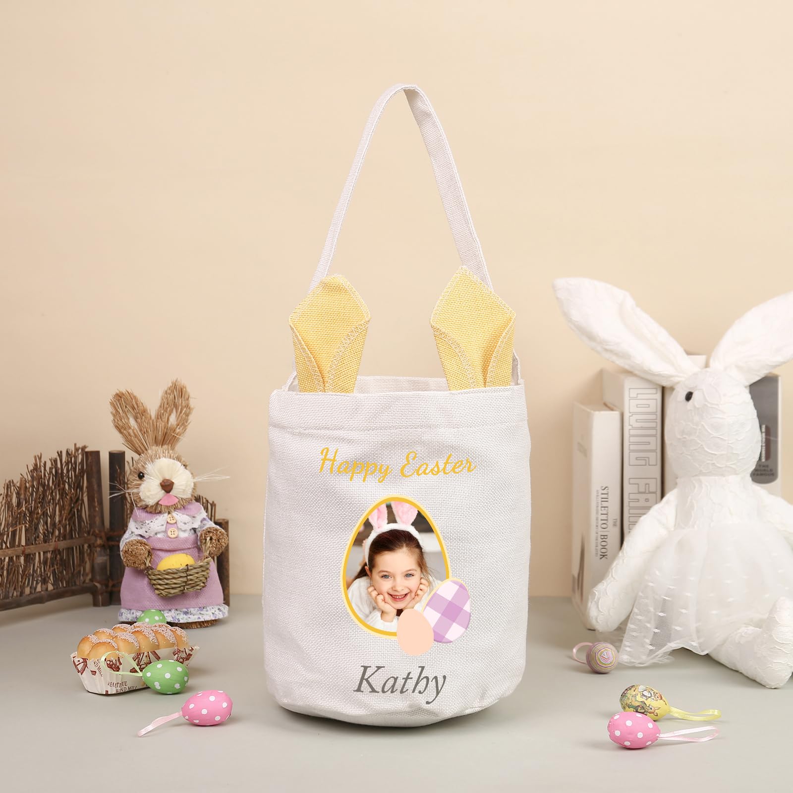 Luxladis Personalized Easter Basket for Girls Boys: Custom Photo & Name Canvas Easter Bucket for Kids Customized Bunny Easter Baskets Empty for