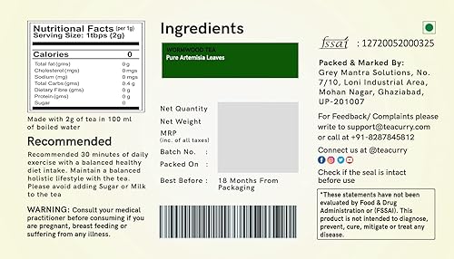 Miniatura 2 de Teacurry Té de ajenjo, 30 bolsas de té (paquete de 1 mes), hojas de artemisia, hojas de artemisa, hojas de artemisa, hojas cultivadas en el Himalaya