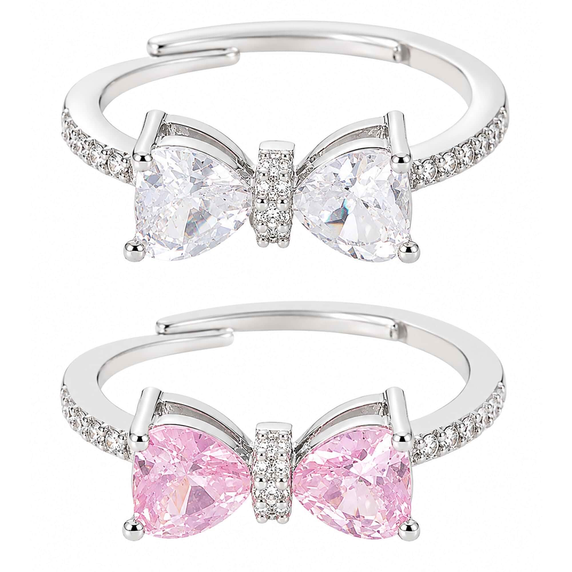 Bow Rings for Women, 2-Pack Adjustable Pink and Silver Bow Ring Set, Coquette Style Cute Open Ring Jewelry, Fashion Statement Rings