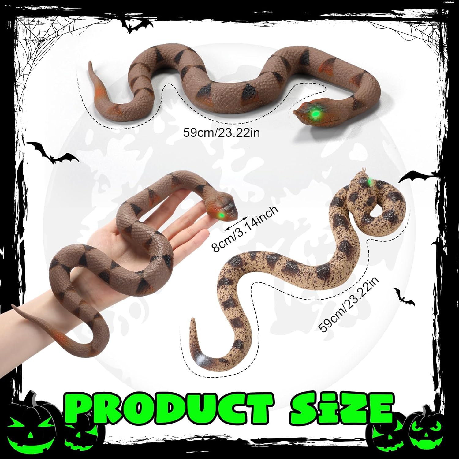 4 Pcs Rubber Snakes Realistic Glow-in-Dark Eyes Fake Snake Large Lifelike Rattlesnake Tricky Toys for Garden Bird Repellent Prank Props Holiday Decor