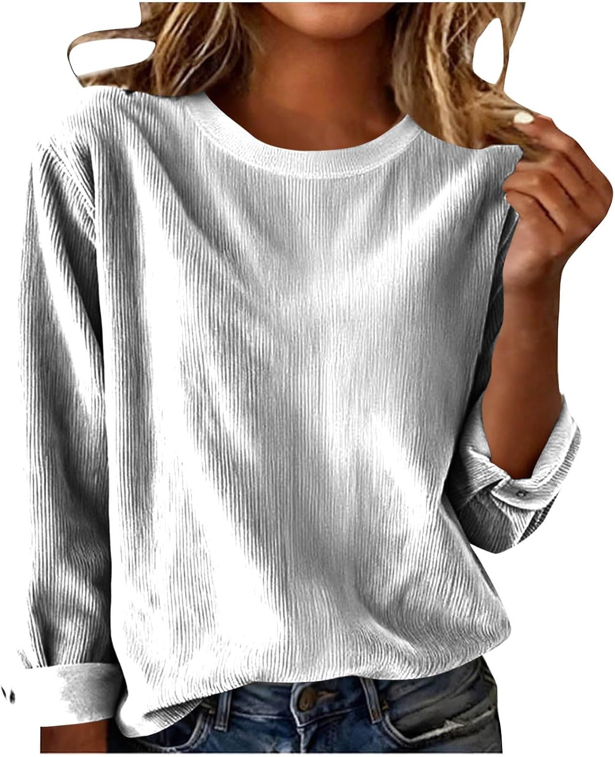 Corduroy Tops for Women Fashion Crewneck T Shirt Trendy Dressy Casual Long Sleeve Blouse Loose Soft Pullover Shirts