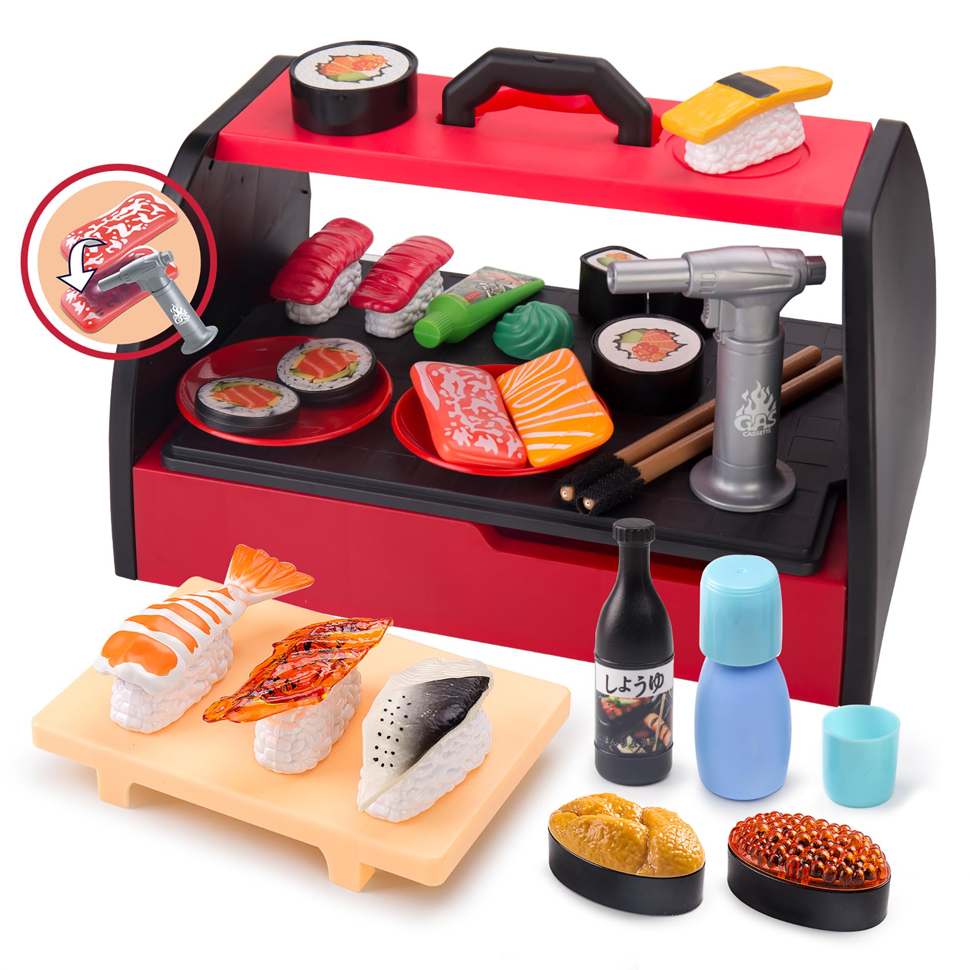 Sushi Slicing Play Food Set, 35Pcs, 3+ Ages LED Light with Color Changing Pretend Food Toys Accessories for Kids, Play Kitchen for Toddlers, Learning Gift for Girls Boys