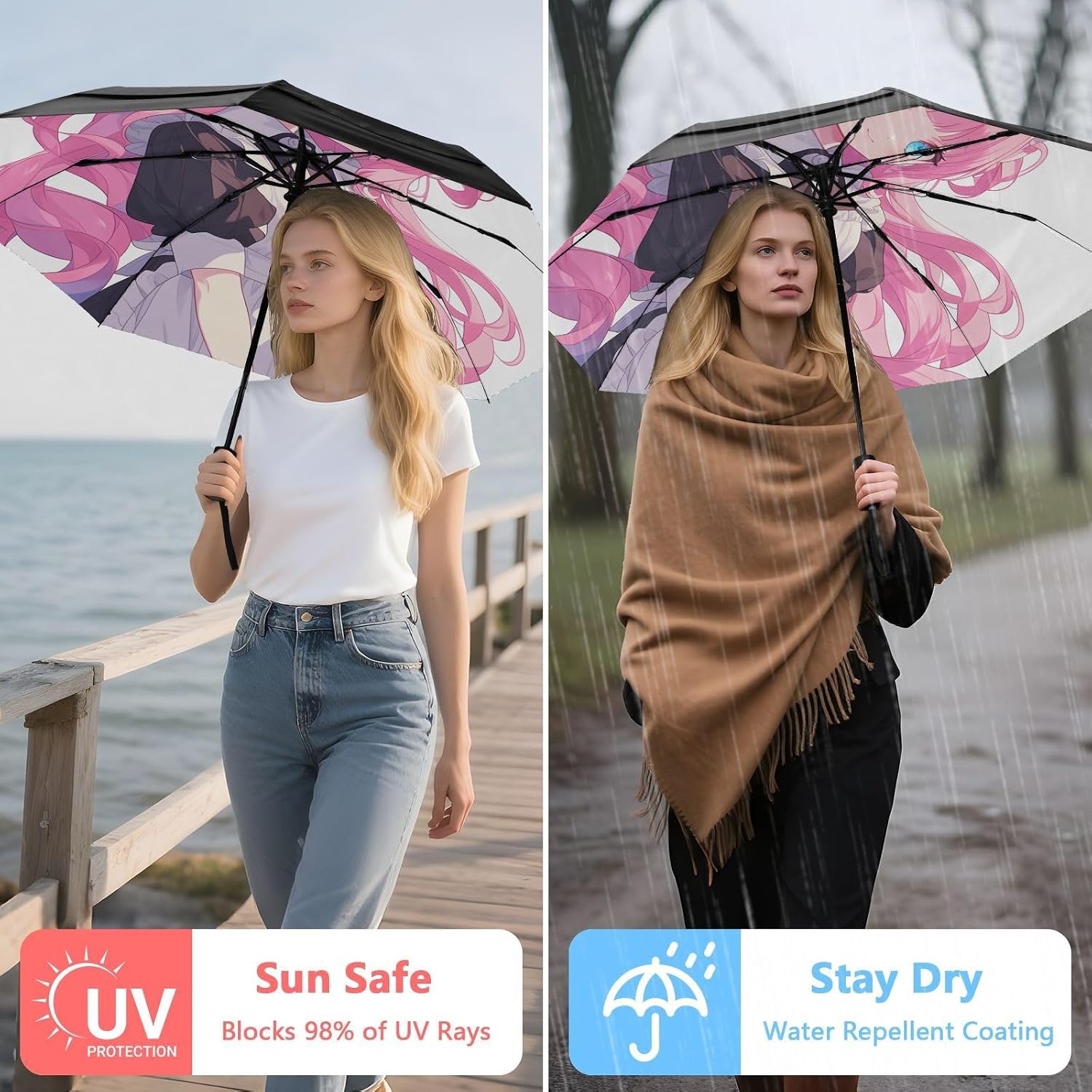 Anime Sexy Maid Windproof Travel Umbrella Folding Umbrellas for Rain Fits Car