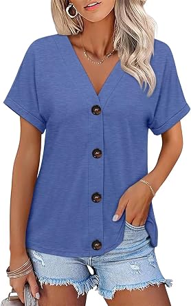 ORANDESIGNE Womens Short Sleeve V Neck Tops Casual Button Down Summer T Shirts Basic Ladies Tees