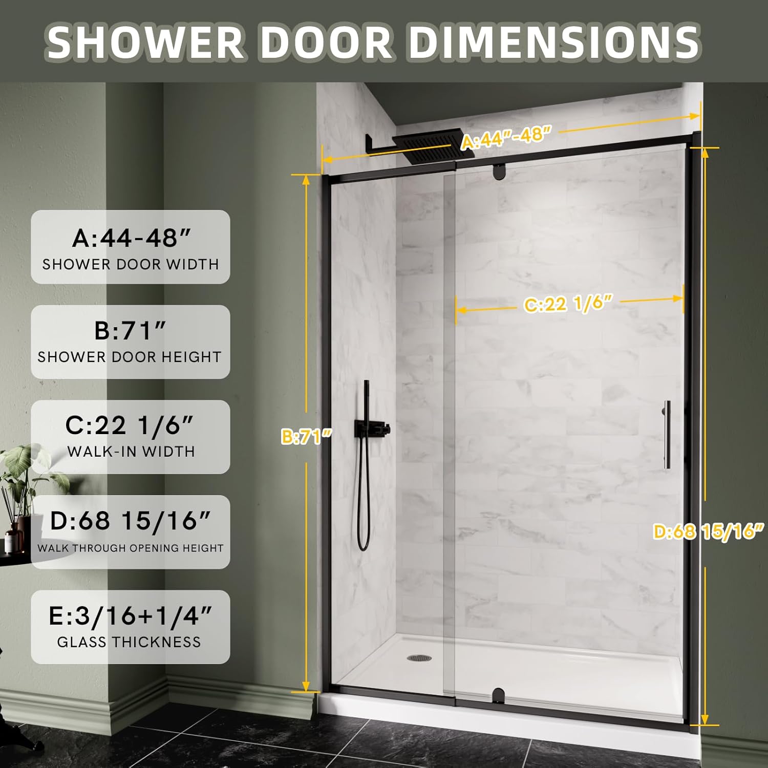 44-48" W x 71" H Semi-Frameless Pivot Shower Door, Glass Shower Door with 1/4" (6mm) Clear SGCC Tempered Glass, Matte Black Finish, Reversible Installation