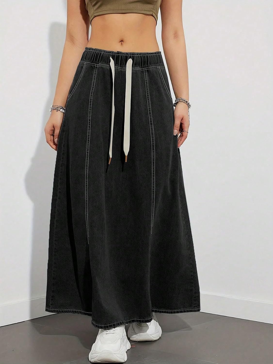 Women's Denim Maxi Skirt Middle Waist Retro Blue A-Line Jeans Skirt Drawstring Elastic Waist Casual Skirt Summer