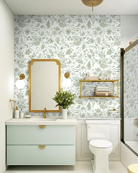 CiCiwind Self-Adhesive Wallpaper 44CM×3M White Green Floral Peel and Stick Waterproof Sticky Back Plastic Removable Wall Covering for Cabinet Decor
