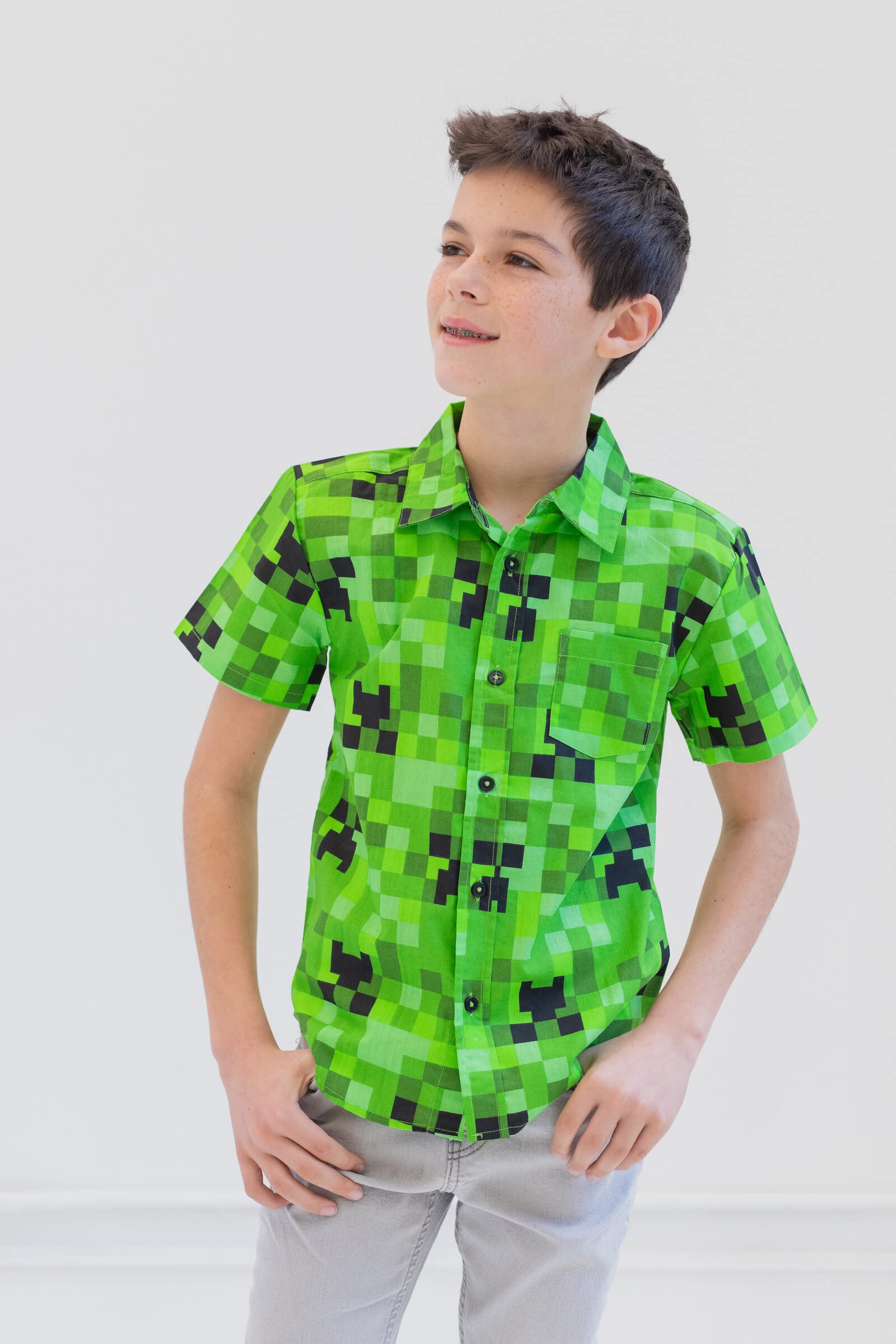 Minecraft Creeper Kurzärmeliges Hemd mit Knopfleiste