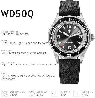 TACTICAL FROG Watchdives WD50Q WD50-Fathoms 38mm Mens Dive Watch with Japanese VH31 Sweep Quartz, Sapphire Crystal 300M Water Resistant, Vintage Style FKM Rubber Strap Analog Wristwatch