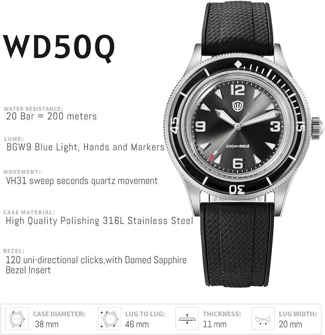TACTICAL FROG Watchdives WD50Q WD50-Fathoms 38mm Mens Dive Watch with Japanese VH31 Sweep Quartz, Sapphire Crystal 300M Water Resistant, Vintage Style FKM Rubber Strap Analog Wristwatch