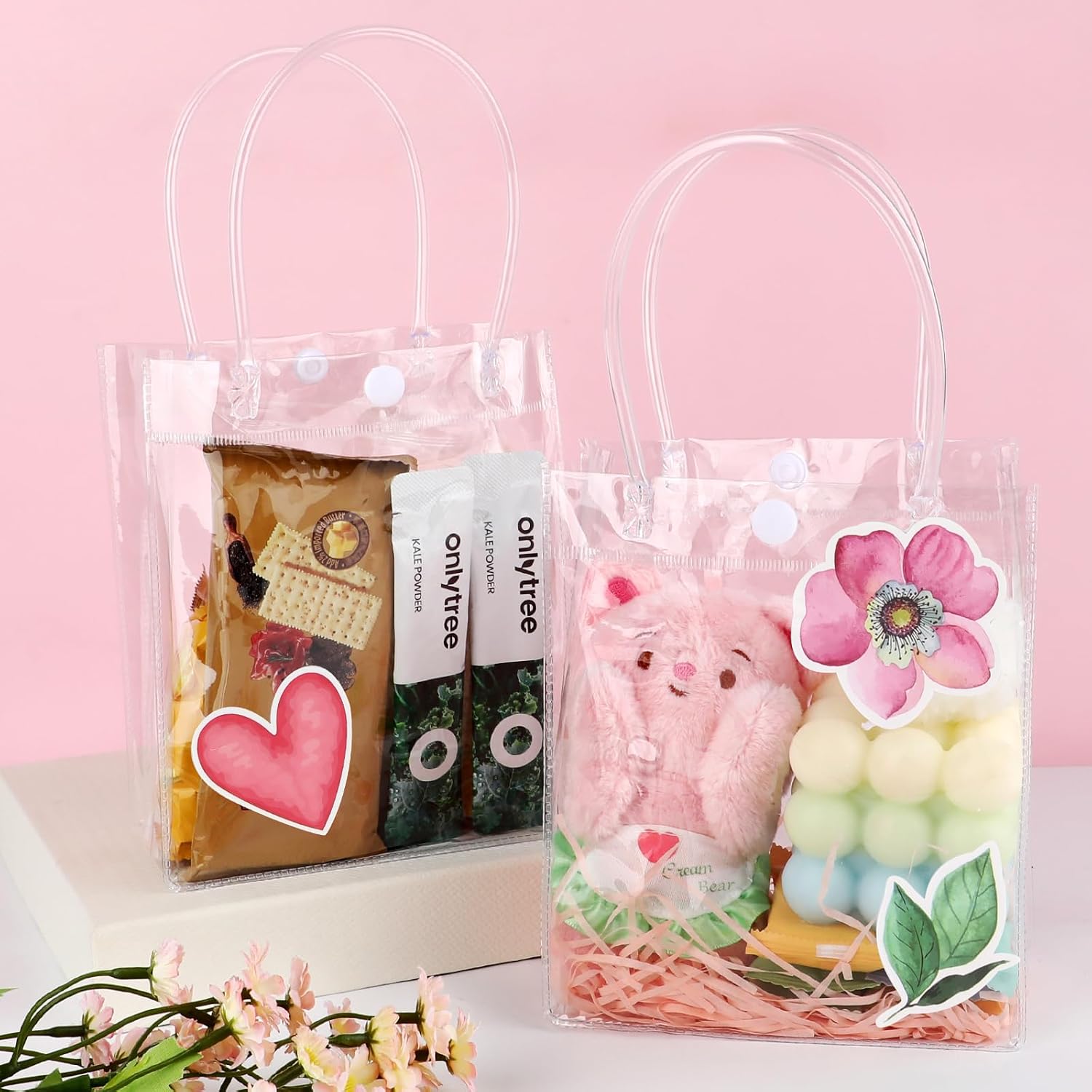 Sopoloray 40 Pack Clear Plastic Gift Bags with Handles, 5.1 x 2.7 x 6.1 Inch Reusable Transparent Party Favor Bags with Flower Stickers for Wedding,Baby Shower,Birthday,Halloween, and Goodie Bag Bulk image 4