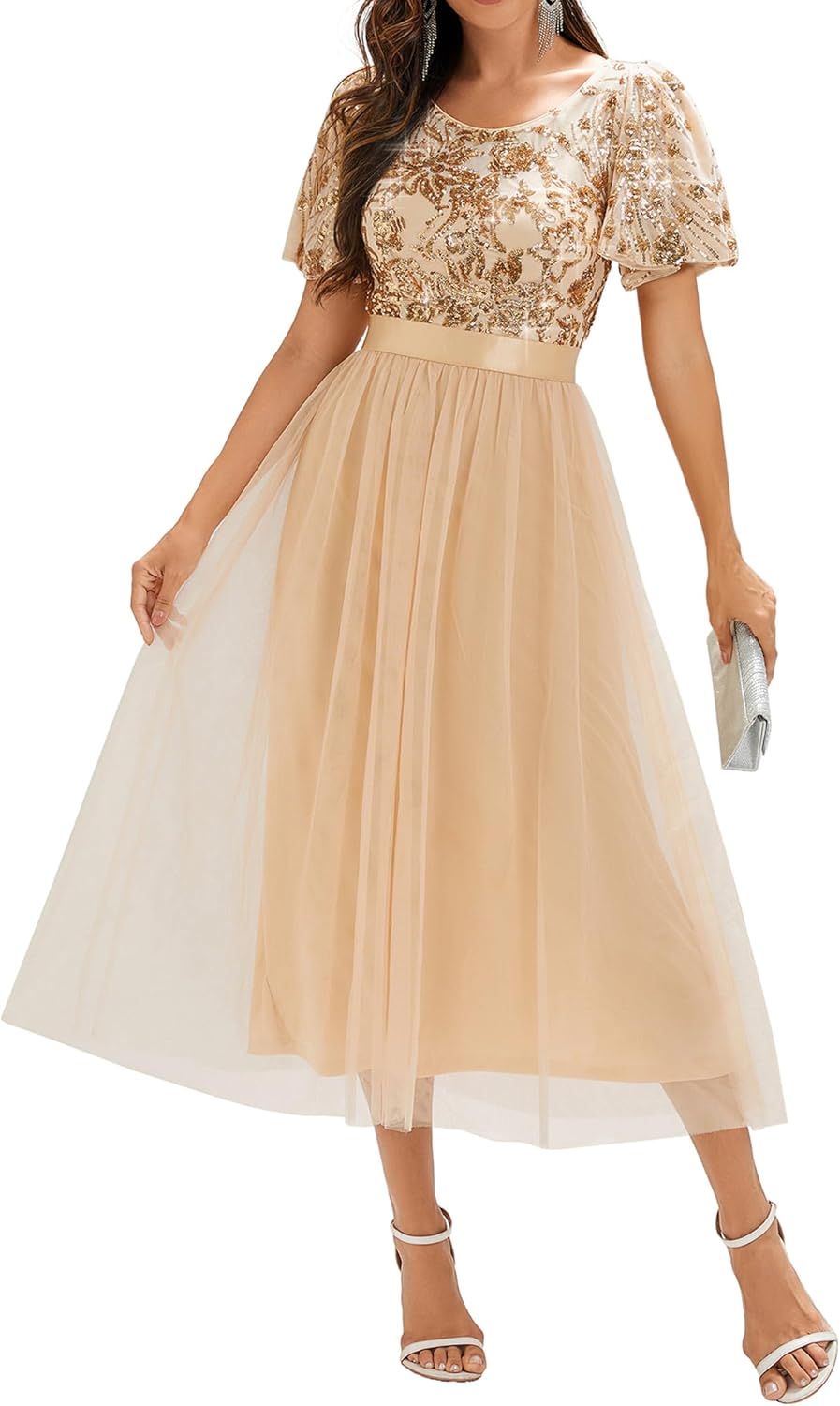 Ever-Pretty Women's Classic Round Neck Sequin Tulle Short Sleeves Midi Semi Formal Dresses 02549