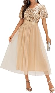 Women's Classic Round Neck Sequin Tulle Short Sleeves Midi Semi Formal Dresses 02549