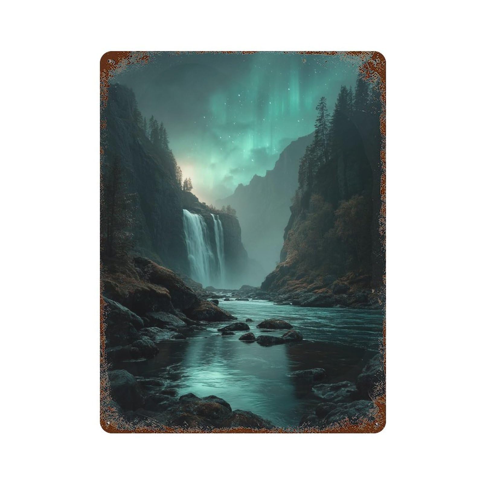 Aurora Borealis Waterfall Aged Metal Wall Plaque 15.7"x11.8", Rustic Home Decor for Garage, Pub Or Kitchen