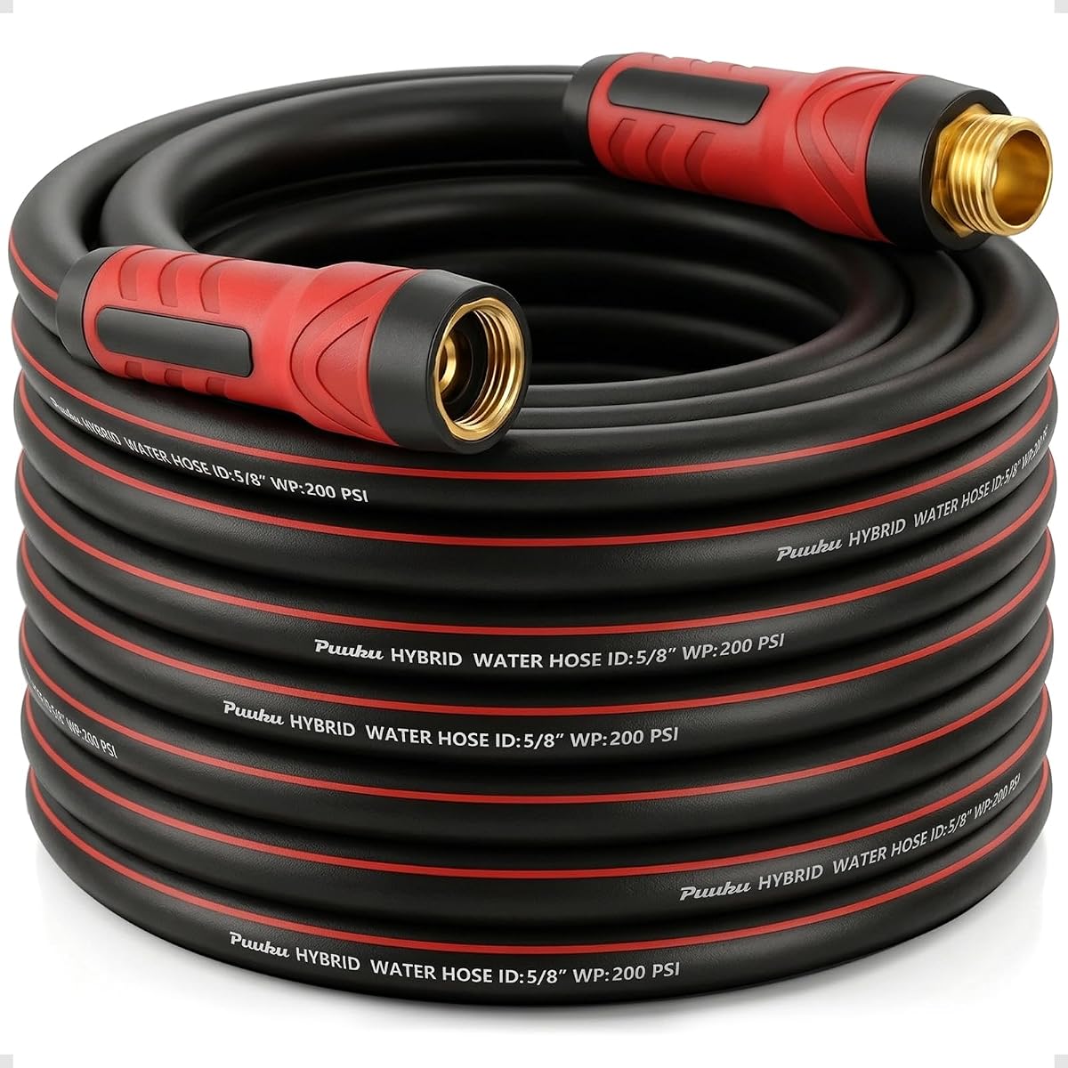 Manguera de jardín de 50 pies x 5/8", manguera flexible premium no expandible, resistente, sin torceduras, a prueba de fugas, ligera, híbrida con accesorios macho a hembra para el hogar y el patio trasero