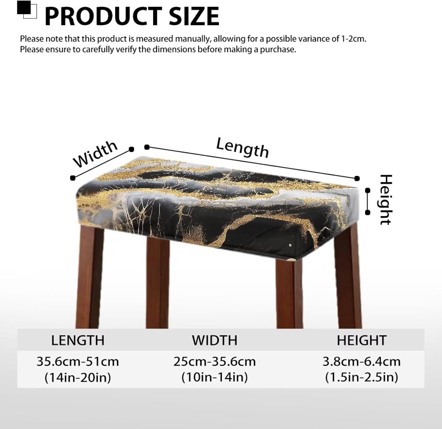 Bar Stool Covers Set of 2 Black Gold Marble Saddle Seat Cover Stretch Rectangle Stool Slipcover with Elastic Edge for Kitchen Island & Club Hotel Restaurant - 2 Pack