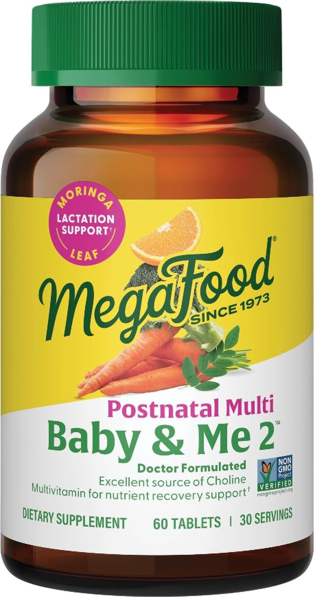 MegaFood Baby & Me 2 Postnatal Vitamins for Women with Moringa, 60 Tablets | Doctor Formulated, Supports Optimal Nutrition for Breastfeeding Mom, with Methylfolate, Choline, Vegetarian, 30 Servings