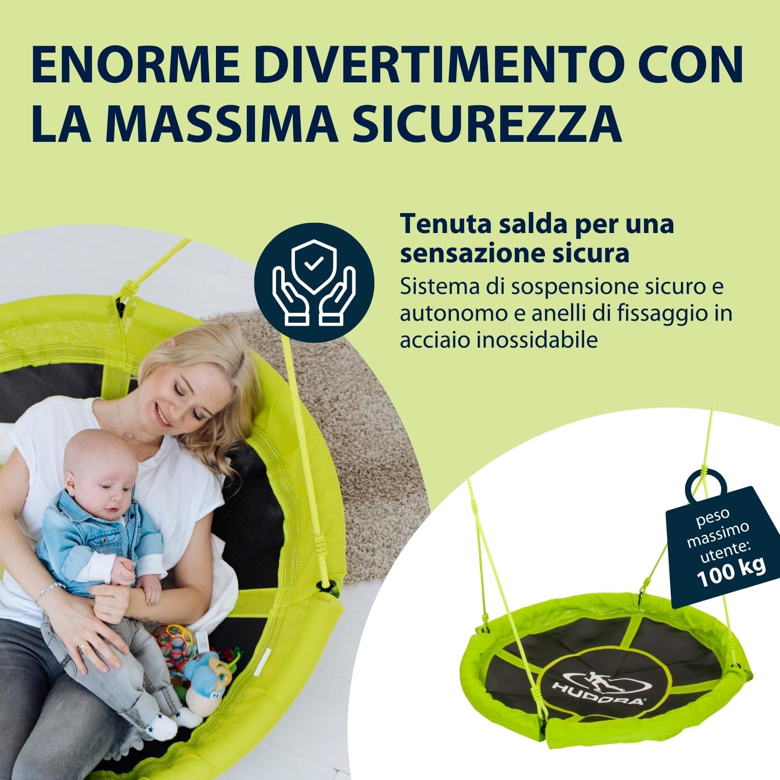 HUDORA Altalena a nido 110 - altalena in plastica verde/arancione fino a 100kg - altalena con diametro di 110cm per interni ed esterni - Altalena familiare regolabile per bambini e adulti